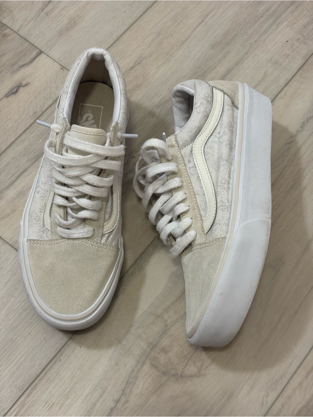 Vans Old Skool Platform Tonal Floral White Beige Shoes Sz 9